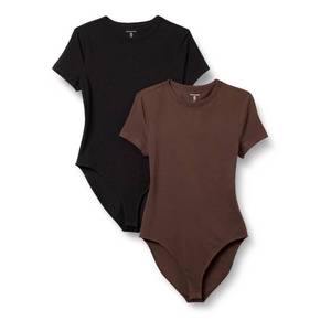 lot 4594 image: Amazon Essentials Womens Short Sleeve Stretch Cotton Jersey Slim-Fit T-Shirt Bodysuit, Pack of 2, BlackBrown, XX-Large - Retail $17