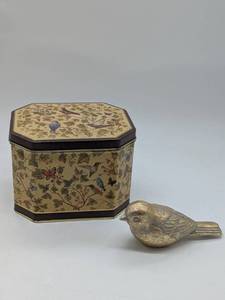 lot 714220 image: Keller Charles Decorative Tin Box with Painted Gold Bird Figurine