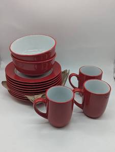 lot 714230 image: Red and White Ceramic Dinnerware with Plates Bowls and Mugs, as pictured