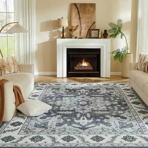 lot 134 image: great daxing 5x7 Area Rug for Living Room, Machine Washable Area Rugs, Super Soft Faux-Wool Area Rugs for Living Room Bedroom Room, Boho Rug Vintage Floral Non-Slip Low Pile, Grey White - Retail $60