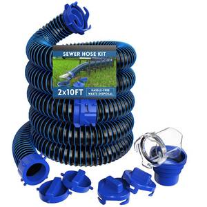 lot 136 image: DUMPMAN 20 FT RV Sewer Hose Kit, Sewer Hose for RV Camper - Includes 2 Attachable 10 ft Sewer Hose with Swivel Fitting, 90 Degree Clear View Sewer Adapter, and 4 Storage Caps - Retail $39