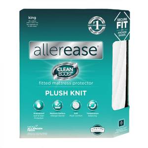lot 166 image: AllerEase CleanBoost Plush Knit Mattress Protector Waterproof Particle Barrier Temperature Balancing Soft Plush Comfort Machine Washable Fitted Cover with Elastic Anchor Bands Mattress Cover, King - Retail $35