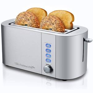 lot 179 image: Elite Gourmet ECT4123 Long Slot 4 Slice Toaster, Extra Wide 1.5 and 5.1 Deep Slots, Bagel, Defrost & Cancel Functions, 6 Toast Shade Settings, Fits Bagels, Waffles, Artisan Breads, Stainless Steel - Retail $35