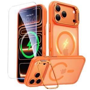lot 187 image: Peerock for iPhone 17 Pro Max Case with Stash Lens Stand and 9H Screen Protector, Fit for MagSafe, Military-Grade Drop Protection Phone Case for iPhone 17 Pro Max, 360° Full Protection, Cosmic Orange - Retail $19