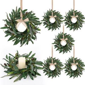 lot 197 image: 6 Pcs Artificial Spring Olive Wreaths Greenery Wreath with Olive Leaves Mini Green Kitchen Cabinet Wreaths Swag Spring Summer Wreath for Front Door Porch Wall Window Farmhouse Wedding Decoration - Retail $24