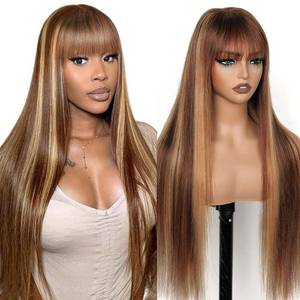 lot 212 image: Veally Blonde Highlight Wig with Bangs for Women Long Blonde Mixed Brown Straight Wigs 26 Inch Honey Blonde Wigs Natural Looking Heat Resistant Synthetic Wig for Daily Party Use