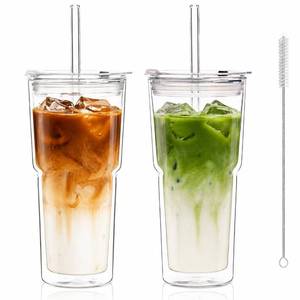 lot 222 image: KEMORELA 2PCS 20oz Clear Double Wall Glass Cups with Lids and Straws, Insulated Borosilicate Glass Tumblers, Heat-Resistant, leak-proof Design for Iced Coffee, Bubble Tea, Juice - Retail $22