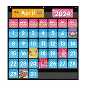 lot 246 image: REGELETO Large 44 Pockets Calendar Pocket Chart for Classroom with 85 Cards, Size25 X 24 Monthly Calendar and Weather Black Pocket Chart for Students Learning for Home or School (44 Pockets) - Retail $11