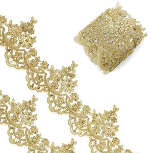 lot 248 image: 3Yard 4.5in Gold Lace Trim for Sewing, Sequined Gold Lace Ribbon with Sequin Flower Embroidery, Can be Cut Metallic Laces for Sewing, Decoration DIY, Dresses, Gowns, Weddings, Parties - Retail $10