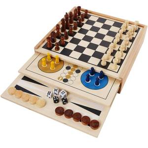 lot 274 image: Juegoal 7-in-1 Wooden Board Game Set for Kids Adults, Tabletop Combo Classic Travel Portable Board Games (Chess, Checkers, Chinese Checkers, Backgammon, Parcheesi, Snakes and Ladders, Tic Tac Toe) - Retail $35