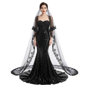 lot 280 image: Long Black Lace Veil, Embroidered Floral Edge Wedding Bridal Veil, Halloween Prom Gothic Veils, Black Sheer Cape for Women Cosplay Vampire Costume Wedding - Retail $9