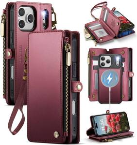 lot 282 image: Defencase for iPhone 17 Pro Magnetic Wallet Case Compatible with Magsafe with RFID Blocking Zipper & Card Holder for Women Men PU Leather Strap Detachable Case for iPhone 17 Pro (6.3 inch), Wine Red - Retail $33
