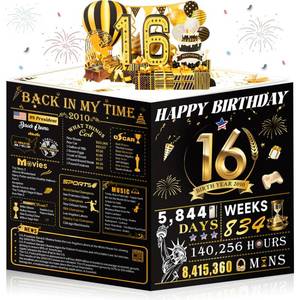 lot 302 image: OLOSONG 16th Birthday Card for Girl Boy Son Daughter, Big Pop Up 16th Birthday Cards for Grandson Granddaughter, Back In 2010 Funny 16 Year Old Birthday Decorations - Retail $9