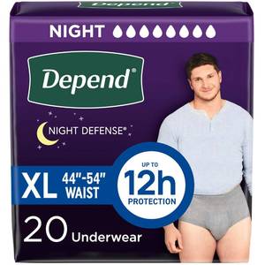 lot 324 image: Depend Night Defense Adult Diapers, Incontinence Underwear for Men, Disposable, Overnight, Extra-Large, Grey, 20 Count, Packaging May Vary - Retail $21