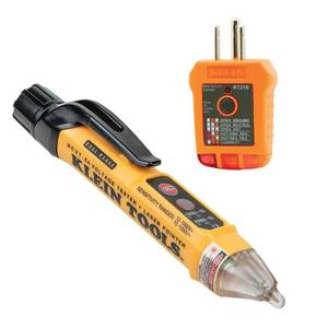 lot 327 image: Klein Tools NCVT5KIT Electrical Test Kit, Dual-Range Non-Contact Voltage Tester with Laser Pointer and GFCI Receptacle Tester - Retail $34