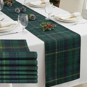 lot 332 image: Gilprop 6 Pcs 72 x 13 Tartan Plaid Bear Babyshower Table Runner Vintage Birthday Party Decoration for Baby Shower Theme Party Table Runner Dining Room Home Kitchen Decor (Green and Blue) - Retail $38