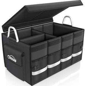 lot 333 image: Oasser Trunk Organizer Cargo Organizer Trunk Storage Waterproof Collapsible Durable Multi Compartments with Foldable Hard Cover Aluminium Alloy Handle Reflective Strip (Large, Black) - Retail $24