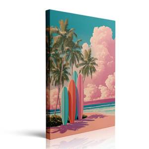 lot 338 image: Retro Beach Scene Canvas Wall Art Framed Painting Tropical Surfboards Palm Trees Pastel Sky Turquoise Ocean Coastal Wall Decor Artwork Print Poster 12x16 Inches - Retail $18