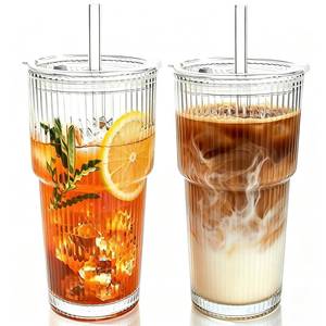 lot 359 image: Colnic 2PCS 20oz Glass Cups with Lids and Straws, Iced Coffee Cups with Lids, Stylish Ribbed Thick Drinking Glasses Tumbler for Juice, Smoothies, Cold Beverages, Cute Cup Gifts with Clean Brush - Retail $16