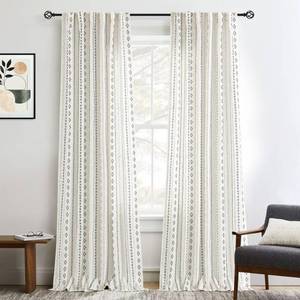 lot 371 image: Natural Linen Boho Curtains for Living Room Light Filtering Black Stripe Geometric Pattern Semi Sheer Curtains 96 inch Long Western Bohomian Drapes Cream Rustic Farmhouse Home Decor Back Tab 2 Panels - Retail $36