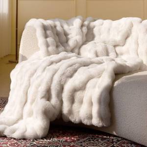 lot 397 image: blunique Ultra Soft Cozy Faux Fur Throw Blanket, Fuzzy Plush Thick Bubble Blanket, Luxury Fluffy Blanket for Couch, Sofa, Bedroom, and Living Room, 50x60 Inches, Cream White - Retail $36