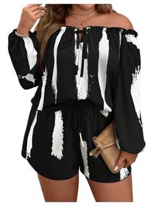 lot 399 image: Floerns Womens Plus Size 2 Piece Boho Floral Off Shoulder Frill Trim Drawstring Front Top & Shorts Black and White 3X-Large Plus - Retail $36