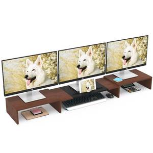 lot 411 image: WESTREE Triple Monitor Stand Riser - Extra Long, Adjustable Length & Angle, 3 Shelf Desktop Storage for 1-3 Monitors - Retail $40
