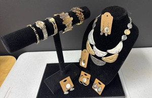 lot 207 image: Mixed Metal Jewelry Collection, necklace, earrings, bracelets and watches.  One watch is a Fossil watch