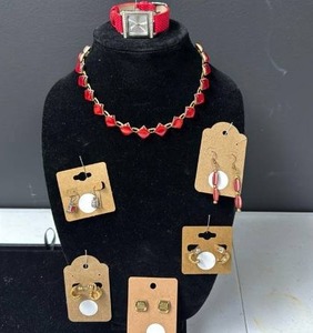 lot 212 image: Jewelry lot including red enamel necklace and earrings, watch and other earrings.