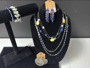 lot 213 image: Blue and Silver Tone Jewelry Set with Multi-Strand Necklaces and Beaded Earrings