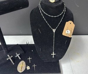 lot 216 image: Religious Cross Jewelry Collection with Watch and Beaded Necklaces and pendants