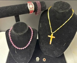 lot 259 image: Mixed Jewelry Collection with Watch, Necklaces, Bracelet, Watch Face, and a floral snap front