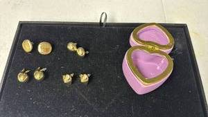 lot 266 image: Gold Tone Earring Collection with Lilac Heart-Shaped Jewelry Box