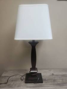 lot 190 image: Dark Rubbed Bronze Metal  Resin Table Lamp with White Fabric Shade - good condition, tested works