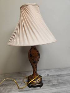 lot 191 image: Vintage Amber Glass Table Lamp with Floral Design and Pleated Swirled Shade.  Tested, works
