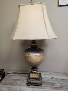 lot 193 image: Ceramic Urn Table Lamp with Fabric Shade - good condition, tested works.