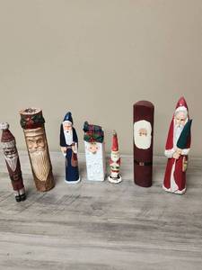 lot 412 image: Hand Carved Wooden Santa Claus Christmas Figurines Collection