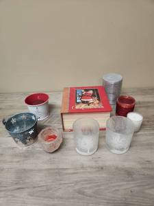 lot 420 image: Christmas Holiday Candle and Votive Holders and a box with 4 candles inside
