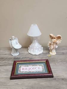 lot 500 image: Angel Figurines, Angel Lamp and Rejoice Wall Decor