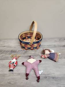 lot 504 image: Americana Woven Basket with Patriotic Santa and Angel Ornaments Set