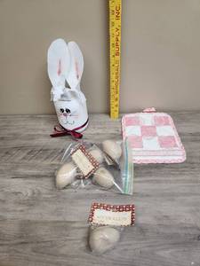 lot 512 image: Easter Bunny Mason Jar Decor, Craft Eggs and a Potholder