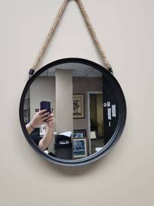 lot 521 image: Round Black Framed Wall Mirror with Rope Hanger 15 12 inch round