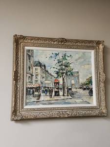 lot 530 image: Andre Picot Parisian Street Scene Oil Painting in vintage Ornate Frame - Portrait has a rip in it and the frame has very slight damage on one edge
