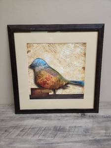 lot 531 image: Framed Bird Art Print with Postcard Collage Background 18 inches X 18 inches