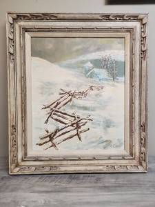 lot 534 image: C. OKell Winter Landscape Oil Painting with Wooden Fence 28 inches X 32 inches