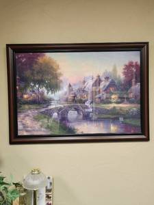 lot 538 image: Thomas Kinkade Cottage Bridge Village Framed Print 28 12 inches x 40 inches