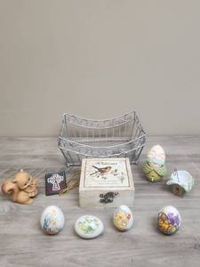 lot 598 image: Decorative Metal Wire Basket with Scroll Design, Decorative Bird Motif Wood Trinket Box, Squirrel Figurine, decorative ceramic eggs and more