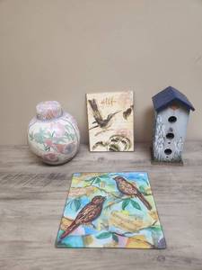 lot 549 image: Bird Themed Home Decor Collection with Ginger Jar, Birdhouse and Wall Art