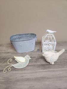 lot 550 image: Shabby Chic Decorative Bird Home Decor - metal box with bird on top, metal bucket, resin bird and a wire bird - birds would make great garden or patio decor