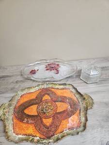 lot 556 image: Japanese Decorative Metal Serving Tray with Ornate Pattern, Glass serving tray with red floral accents and a clear cut glass candy dish